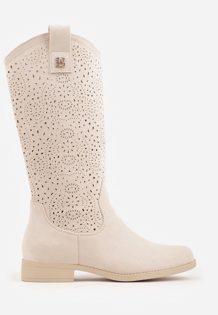 Beżowe Ażurowe Botki z Geometryczną Ozdobą Naeraste