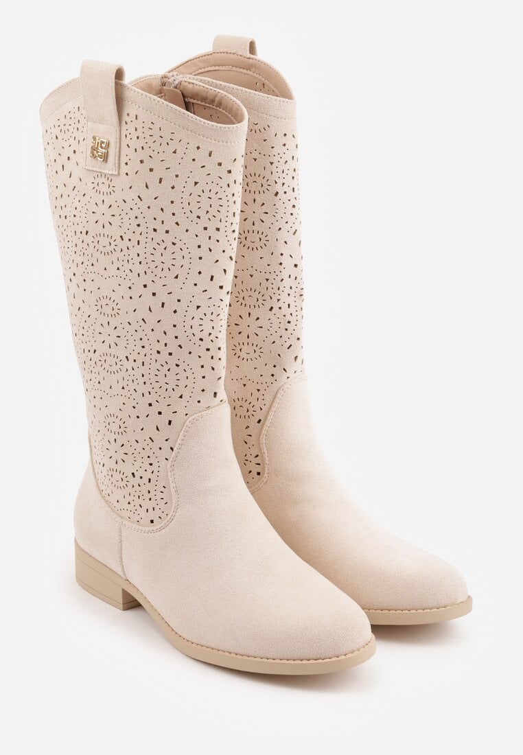 Beżowe Ażurowe Botki z Geometryczną Ozdobą Naeraste