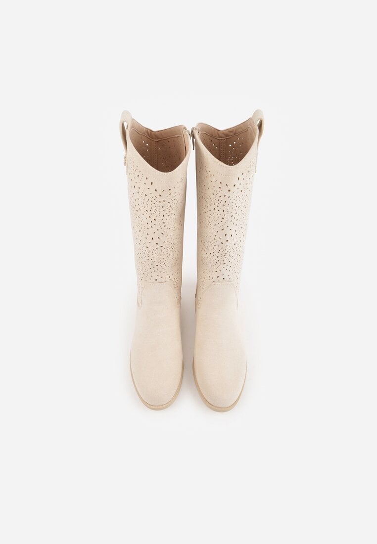 Beżowe Ażurowe Botki z Geometryczną Ozdobą Naeraste