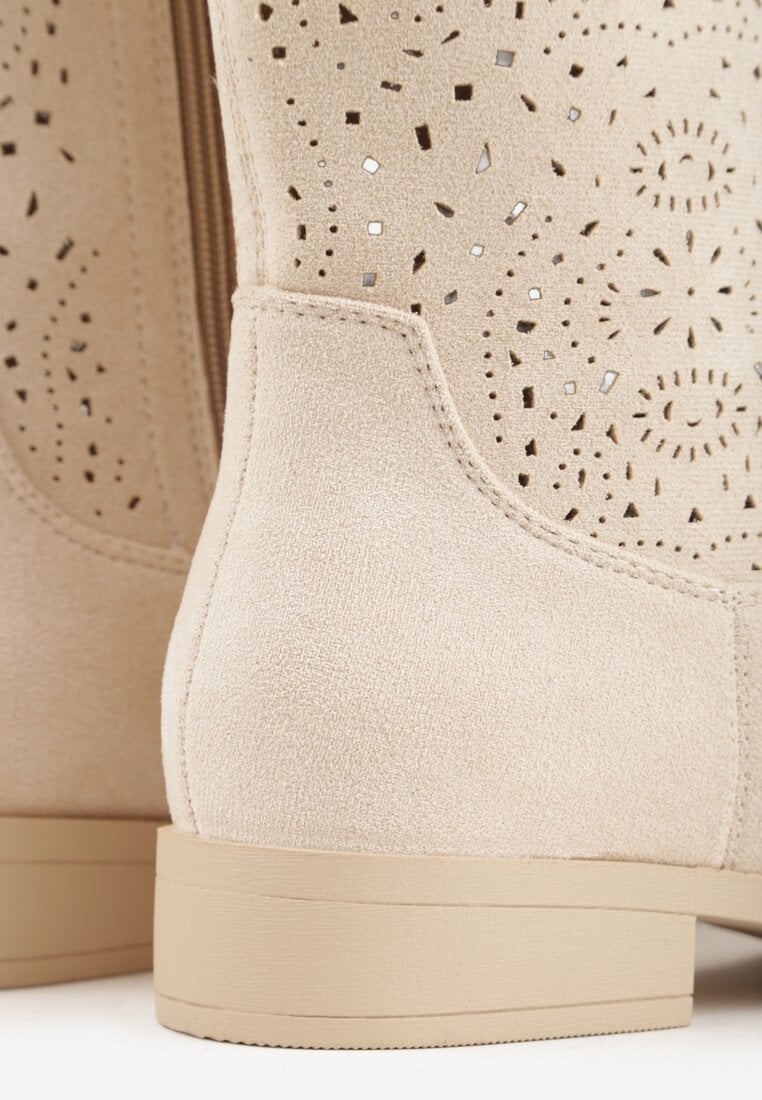 Beżowe Ażurowe Botki z Geometryczną Ozdobą Naeraste