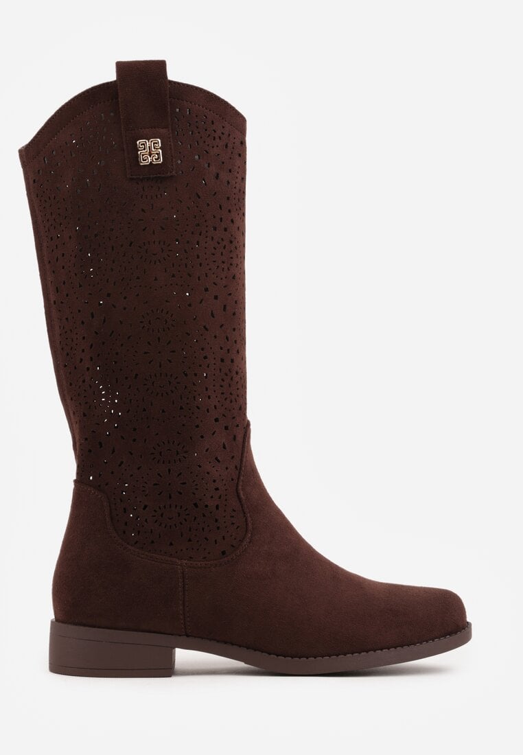 Brązowe Ażurowe Botki z Geometryczną Ozdobą Naeraste