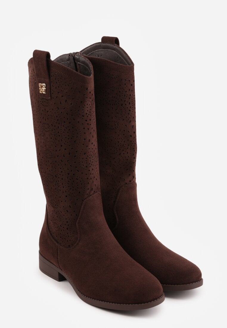 Brązowe Ażurowe Botki z Geometryczną Ozdobą Naeraste