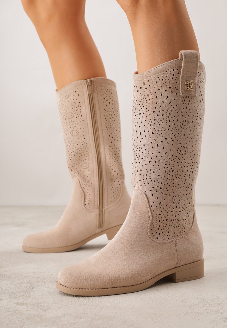 Ciemnobeżowe Ażurowe Botki z Geometryczną Ozdobą Naeraste