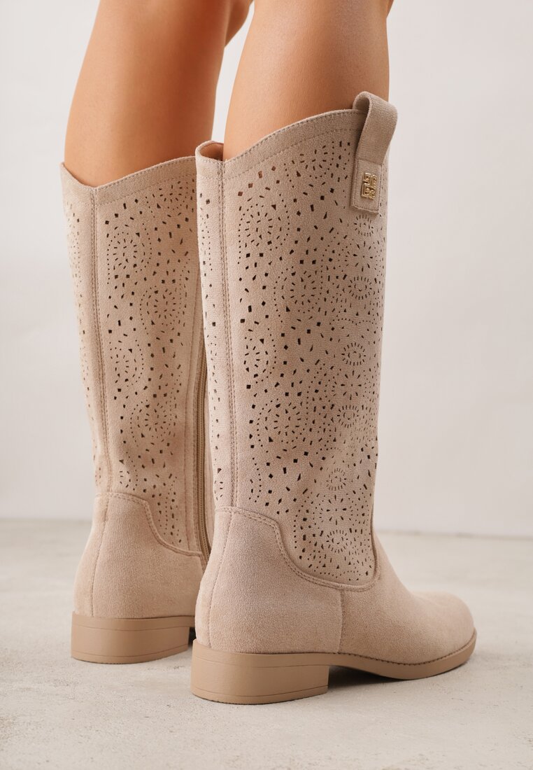Ciemnobeżowe Ażurowe Botki z Geometryczną Ozdobą Naeraste