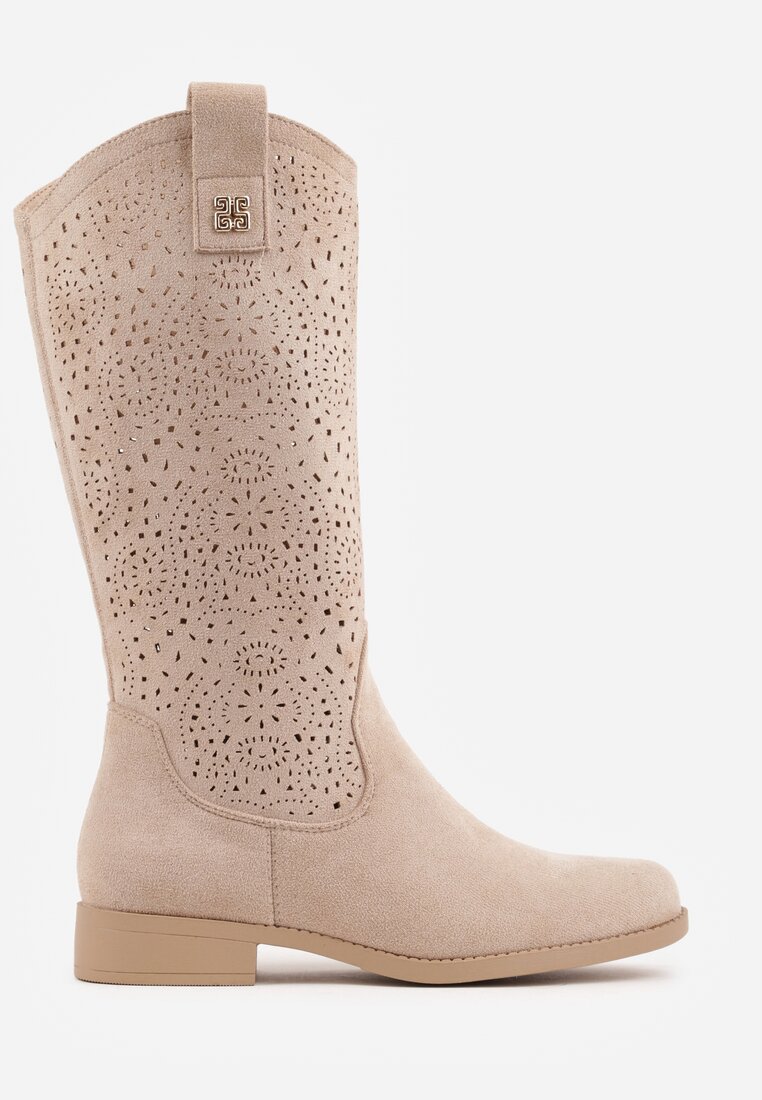 Ciemnobeżowe Ażurowe Botki z Geometryczną Ozdobą Naeraste