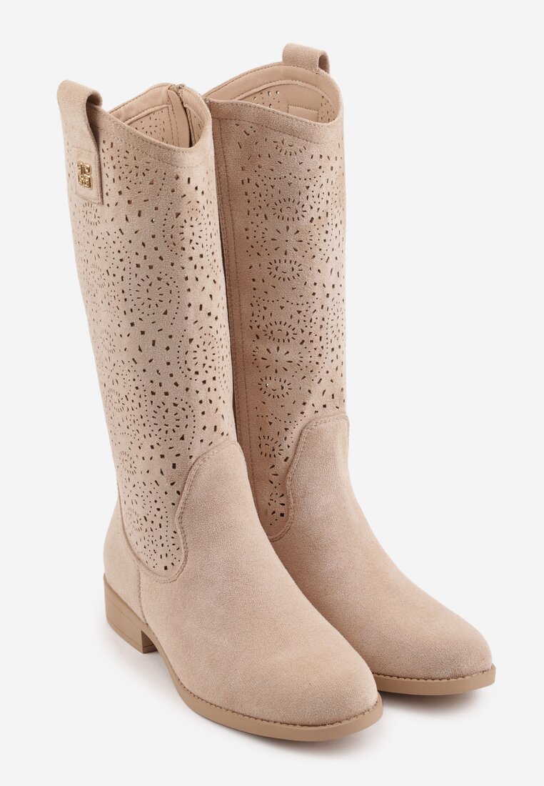 Ciemnobeżowe Ażurowe Botki z Geometryczną Ozdobą Naeraste
