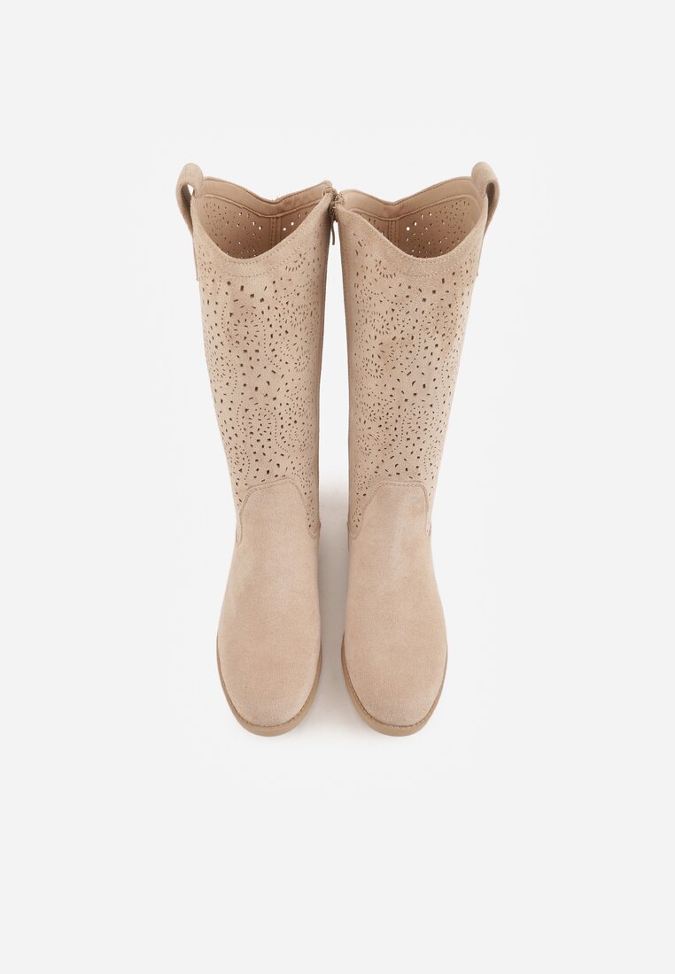 Ciemnobeżowe Ażurowe Botki z Geometryczną Ozdobą Naeraste