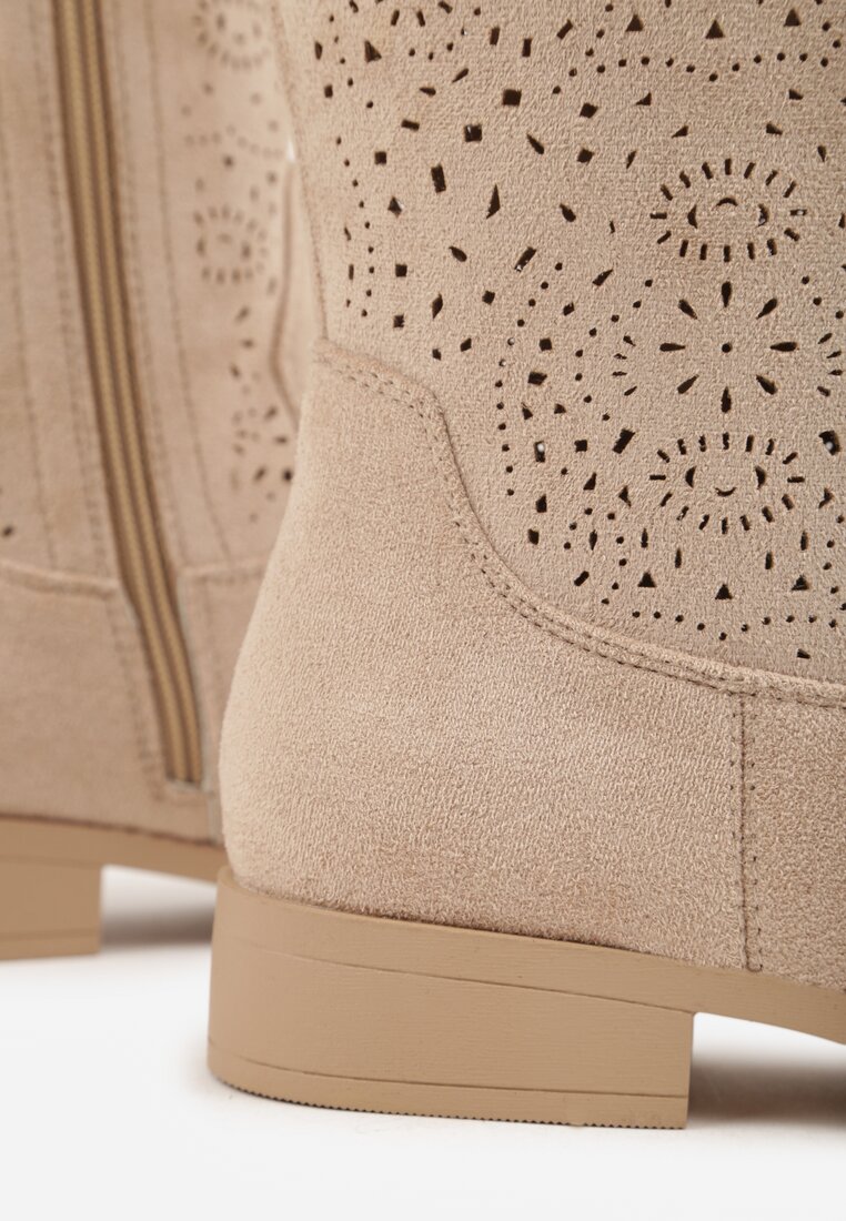 Ciemnobeżowe Ażurowe Botki z Geometryczną Ozdobą Naeraste