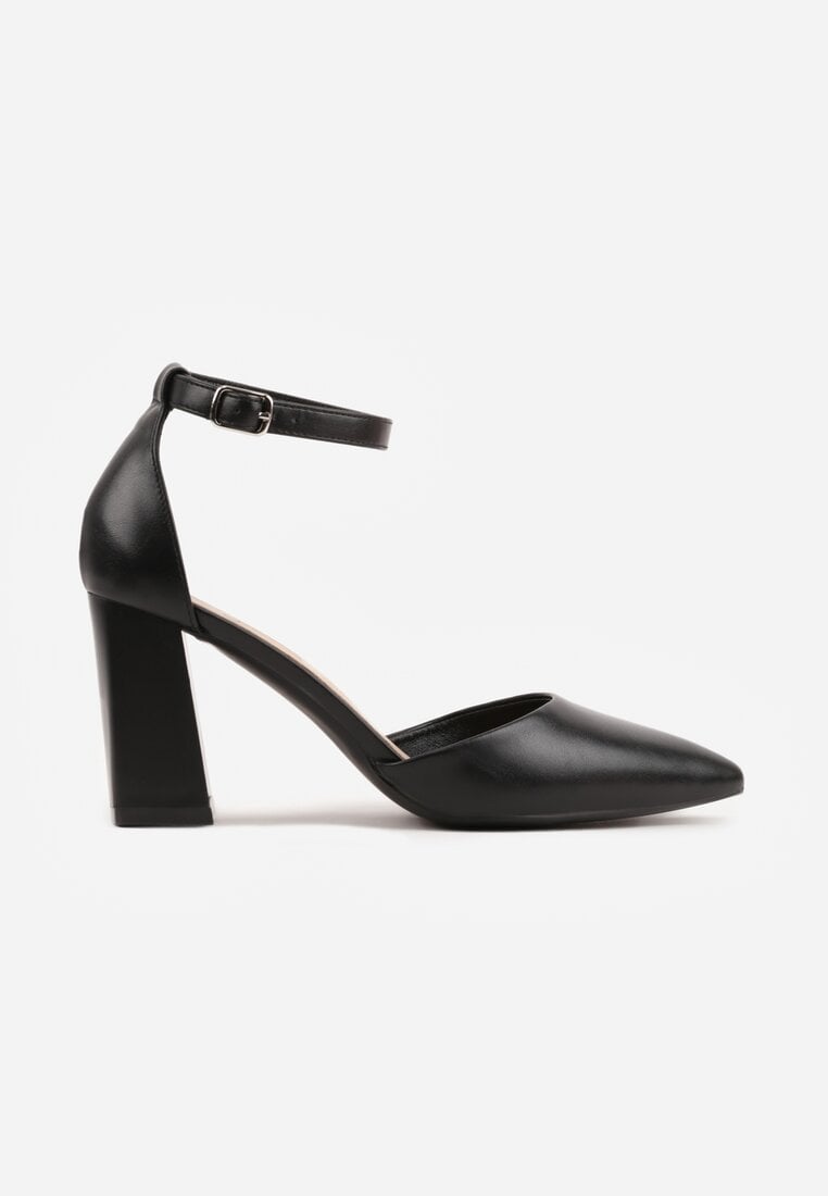 Czarne Czółenka na Słupku w Klasycznym Stylu ze Szpiczastym Noskiem Zelelle