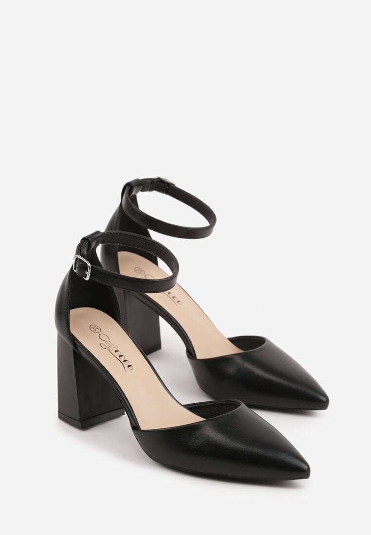 Czarne Czółenka na Słupku w Klasycznym Stylu ze Szpiczastym Noskiem Zelelle