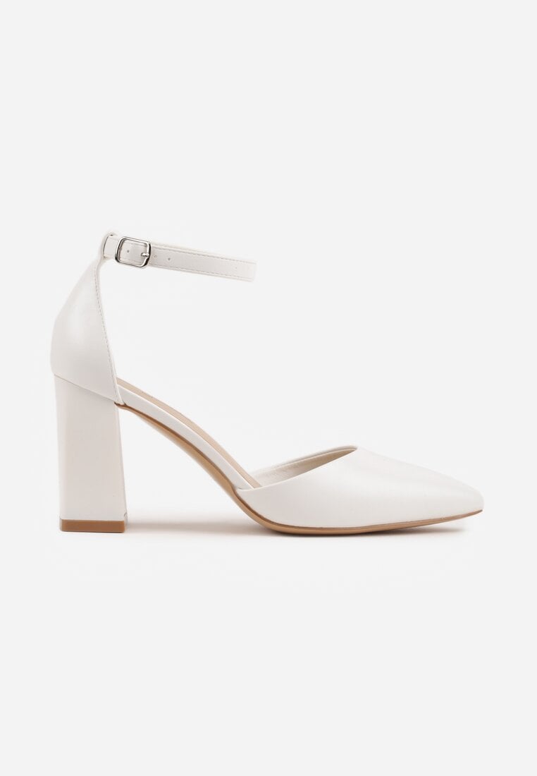 Białe Czółenka na Słupku w Klasycznym Stylu ze Szpiczastym Noskiem Zelelle