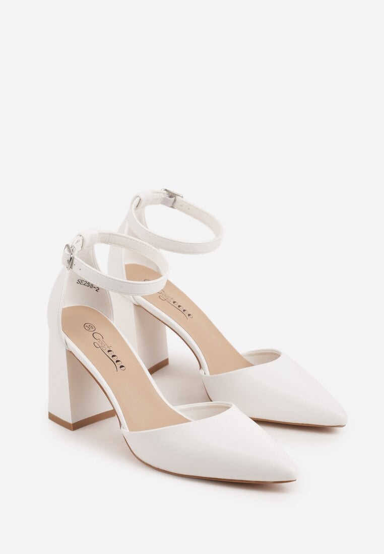 Białe Czółenka na Słupku w Klasycznym Stylu ze Szpiczastym Noskiem Zelelle