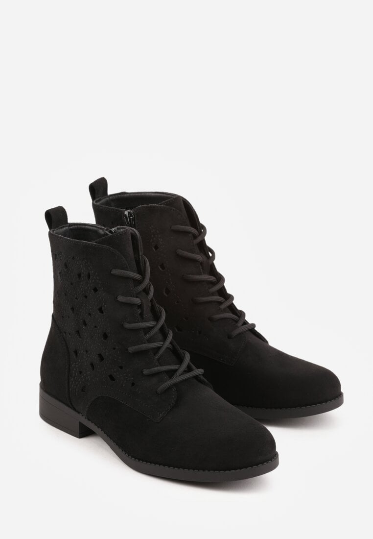Czarne Ażurowe Botki ze Sznurowaną Cholewką Sephylia
