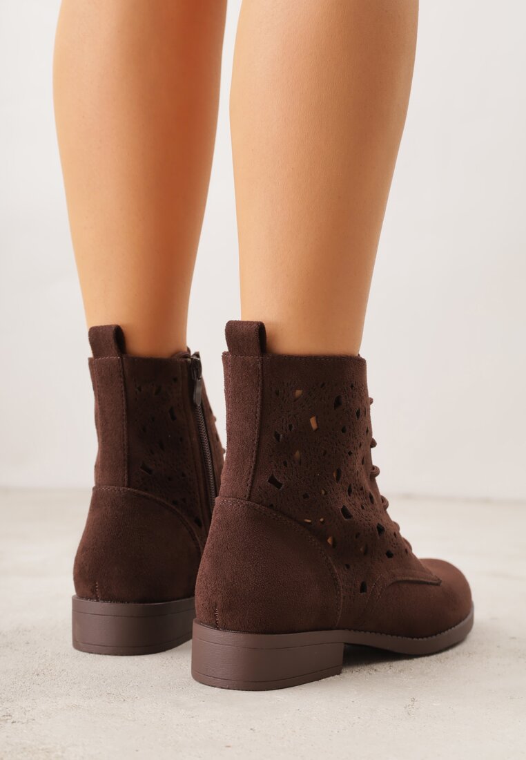Brązowe Ażurowe Botki ze Sznurowaną Cholewką Sephylia