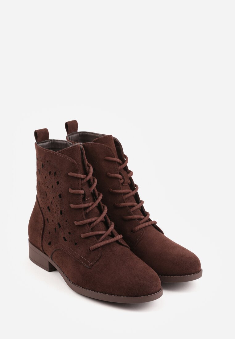 Brązowe Ażurowe Botki ze Sznurowaną Cholewką Sephylia