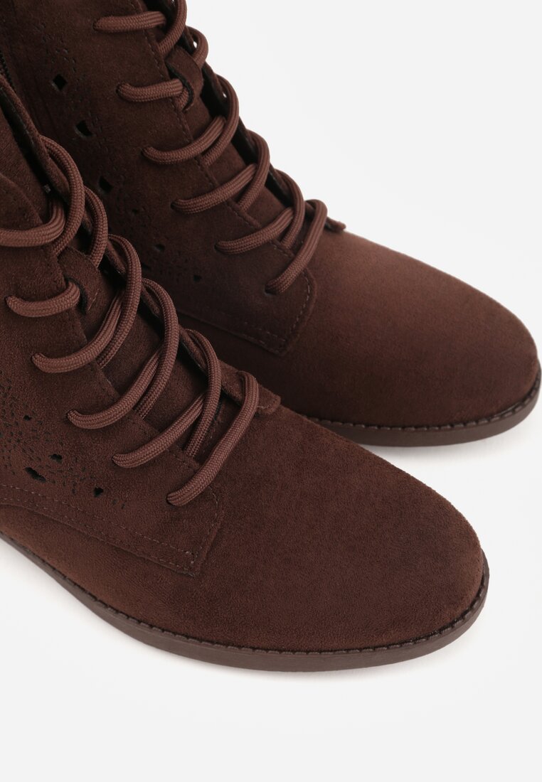 Brązowe Ażurowe Botki ze Sznurowaną Cholewką Sephylia