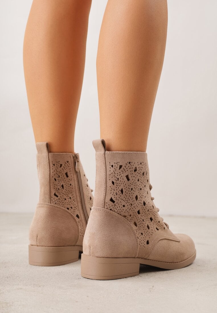 Ciemnobeżowe Ażurowe Botki ze Sznurowaną Cholewką Sephylia