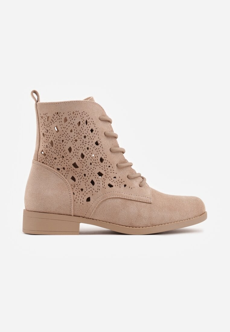Ciemnobeżowe Ażurowe Botki ze Sznurowaną Cholewką Sephylia