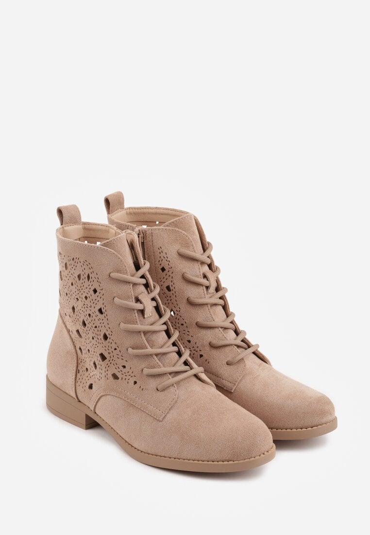 Ciemnobeżowe Ażurowe Botki ze Sznurowaną Cholewką Sephylia