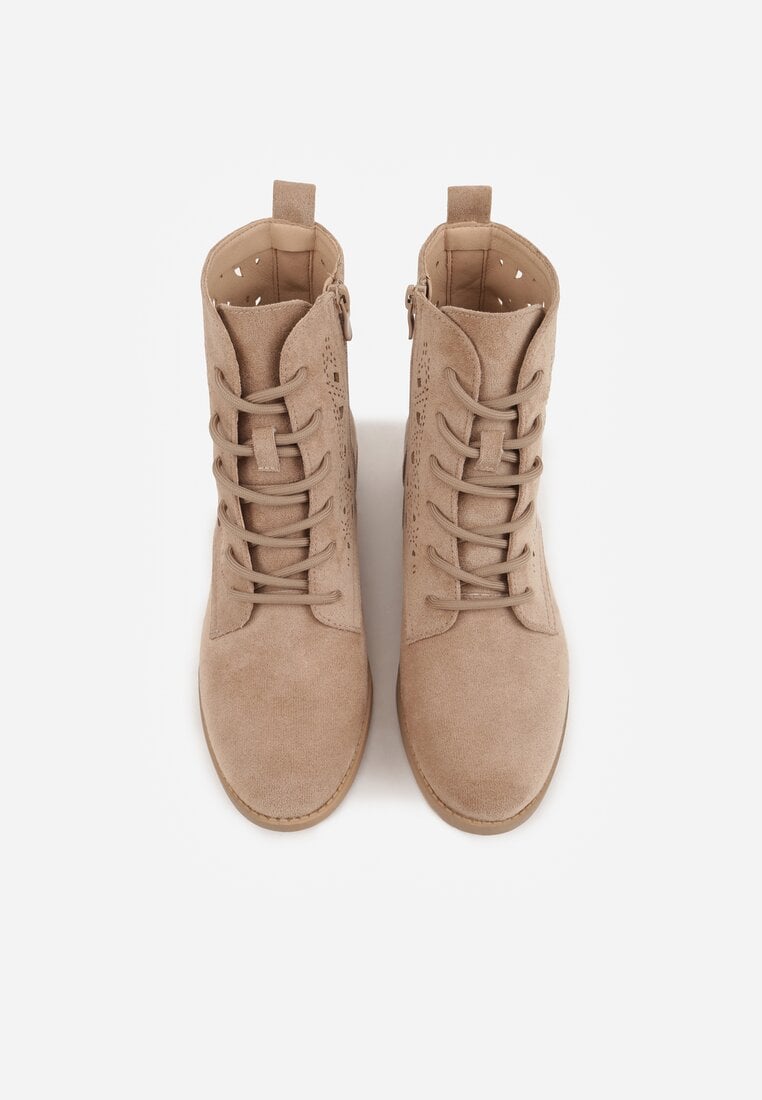 Ciemnobeżowe Ażurowe Botki ze Sznurowaną Cholewką Sephylia