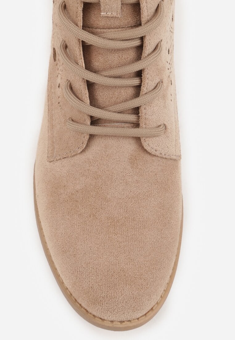 Ciemnobeżowe Ażurowe Botki ze Sznurowaną Cholewką Sephylia