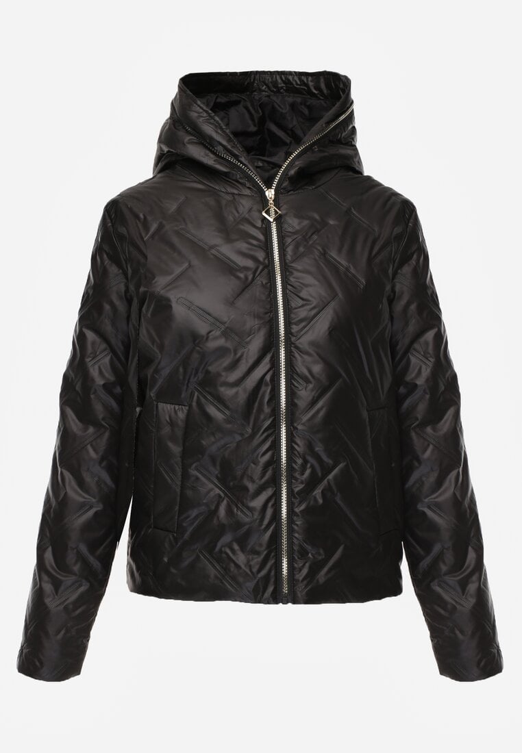 Czarna Pikowana Kurtka z Nieodpinanym Kapturem z Ozdobną Naszywką Chloreris