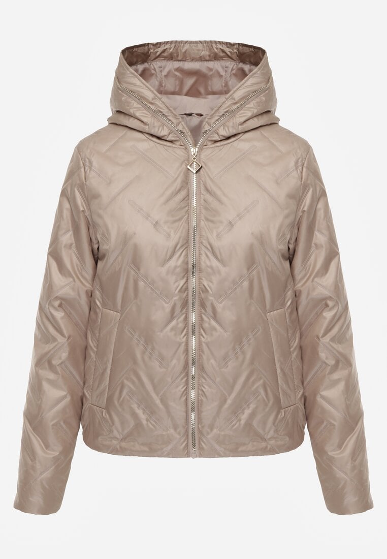 Brązowa Pikowana Kurtka z Nieodpinanym Kapturem z Ozdobną Naszywką Chloreris