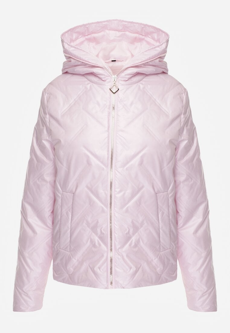 Różowa Pikowana Kurtka z Nieodpinanym Kapturem z Ozdobną Naszywką Chloreris