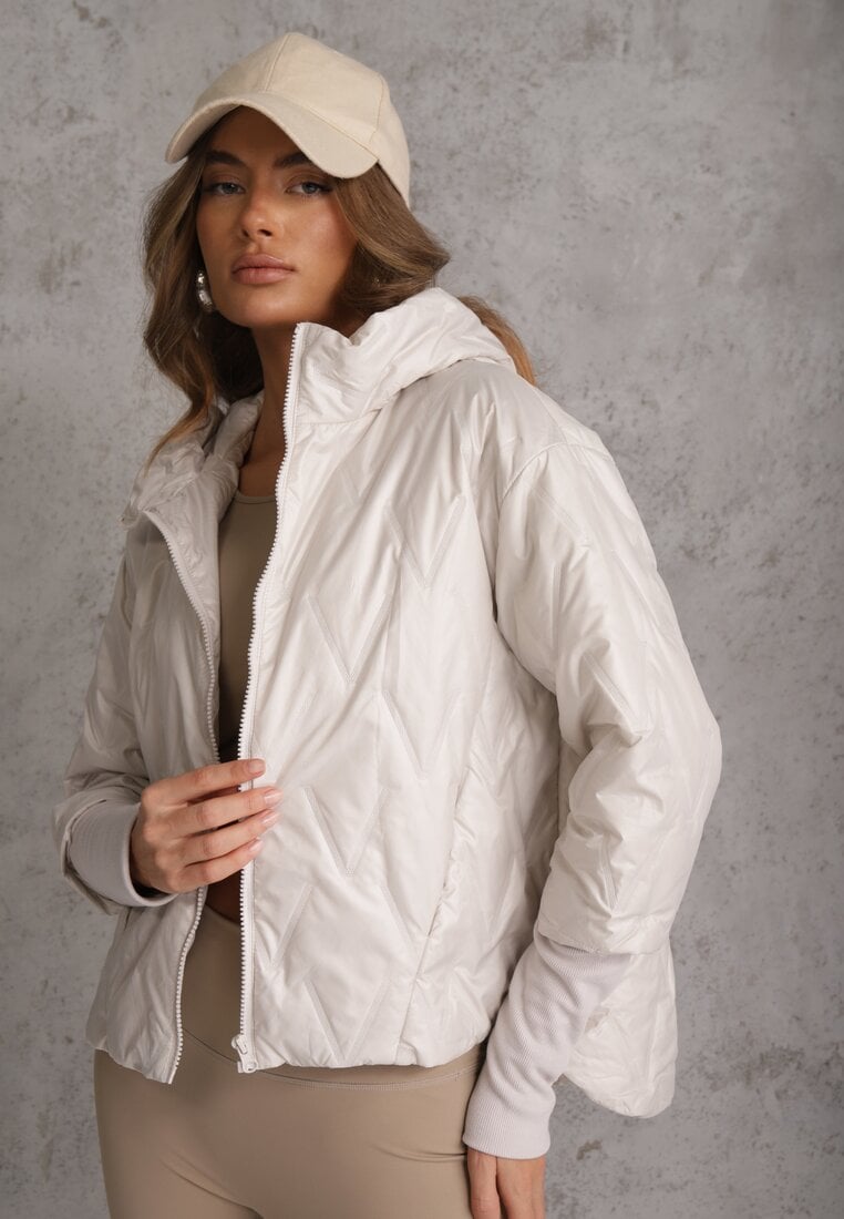 Jasnoszara Pikowana Kurtka z Kapturem z Materiałem na Rękawach Grigoria