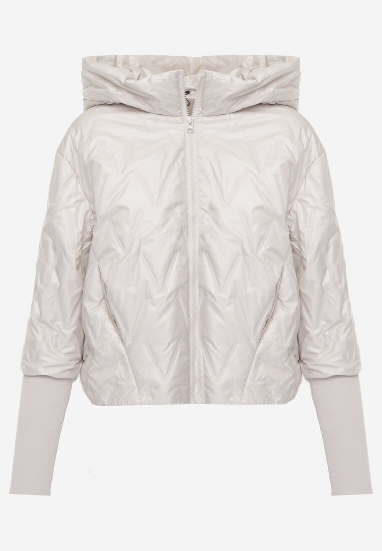 Jasnoszara Pikowana Kurtka z Kapturem z Materiałem na Rękawach Grigoria