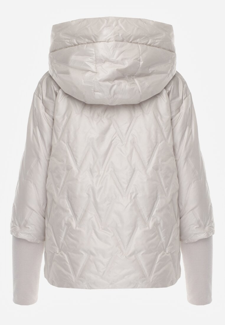 Jasnoszara Pikowana Kurtka z Kapturem z Materiałem na Rękawach Grigoria