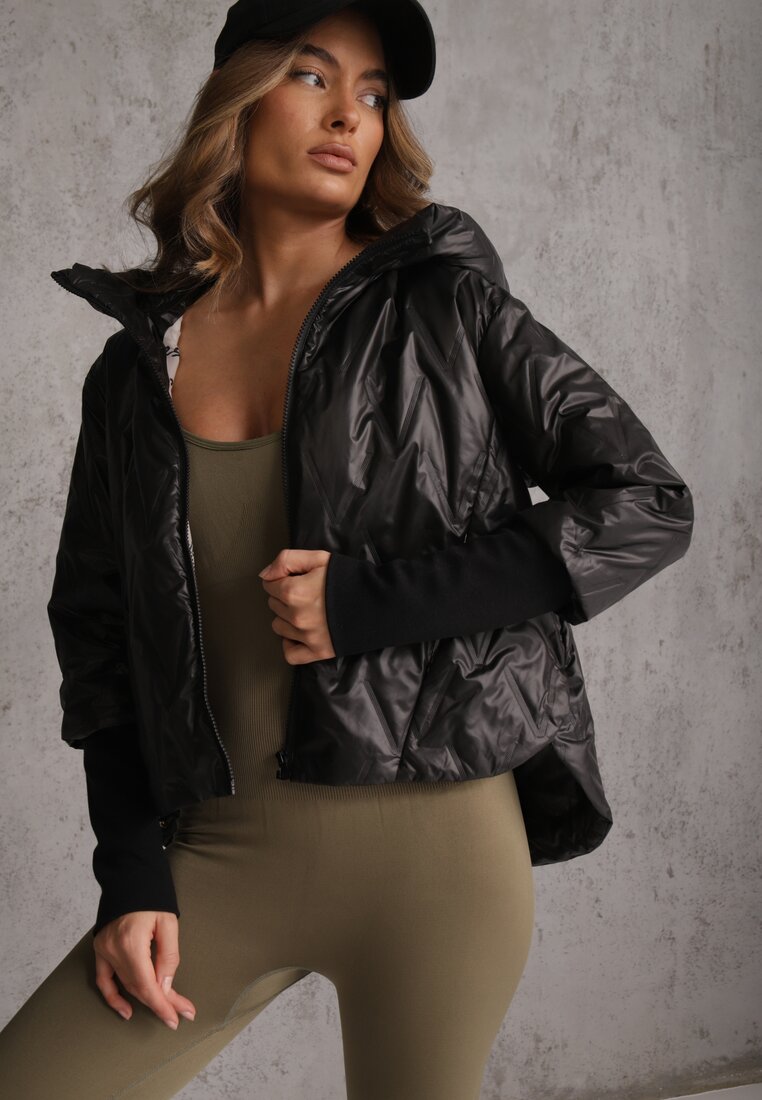 Czarna Pikowana Kurtka z Kapturem z Materiałem na Rękawach Grigoria