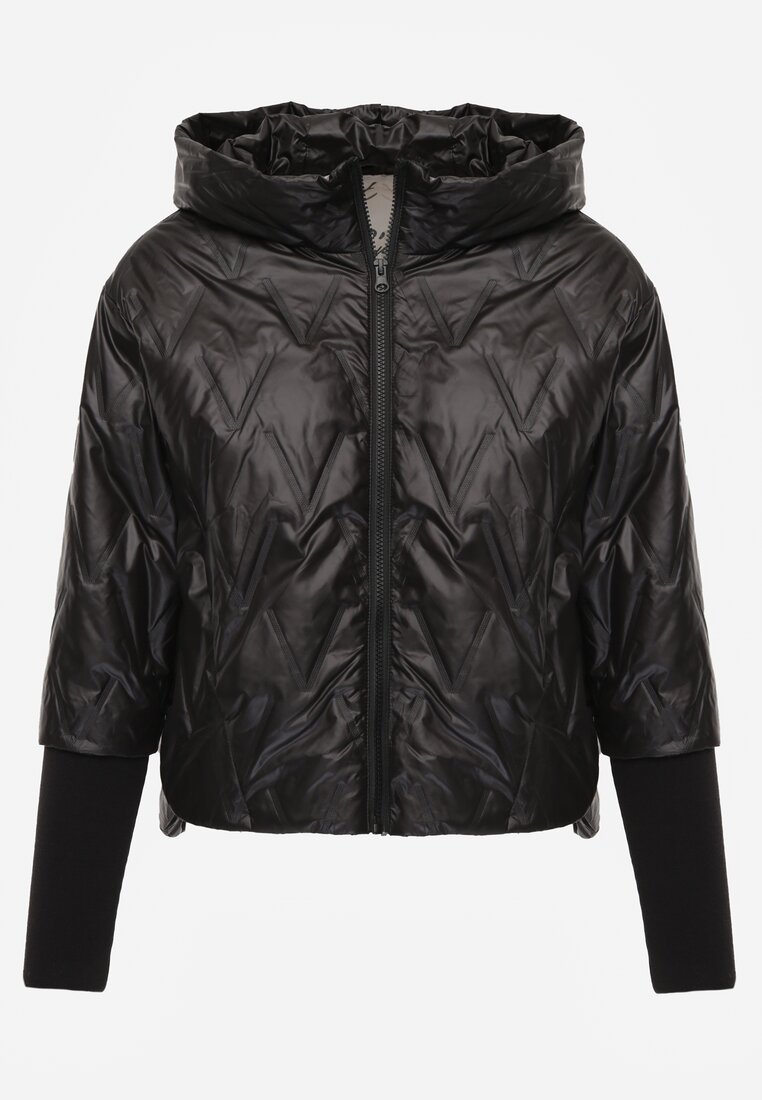 Czarna Pikowana Kurtka z Kapturem z Materiałem na Rękawach Grigoria