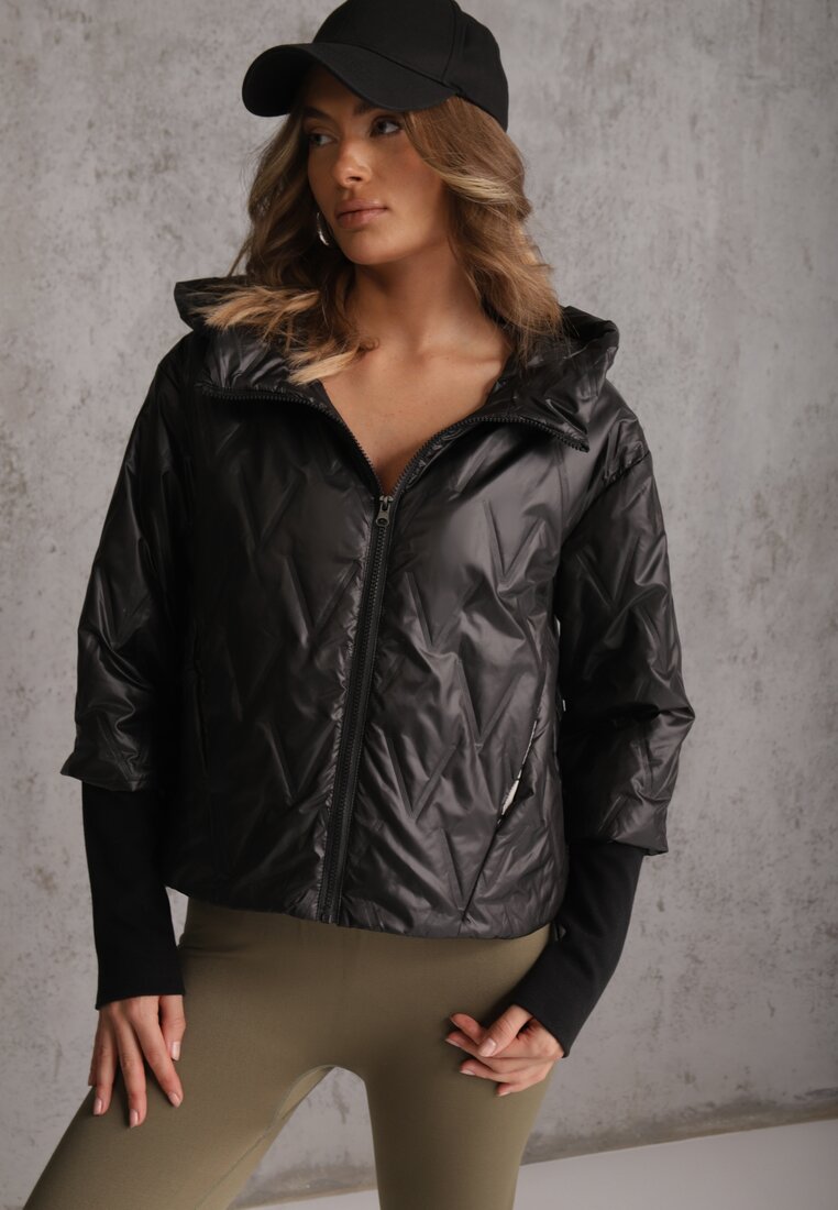 Czarna Pikowana Kurtka z Kapturem z Materiałem na Rękawach Grigoria