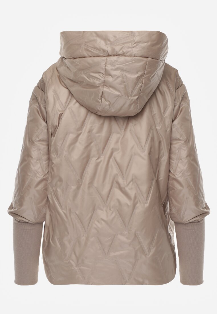 Brązowa Pikowana Kurtka z Kapturem z Materiałem na Rękawach Grigoria