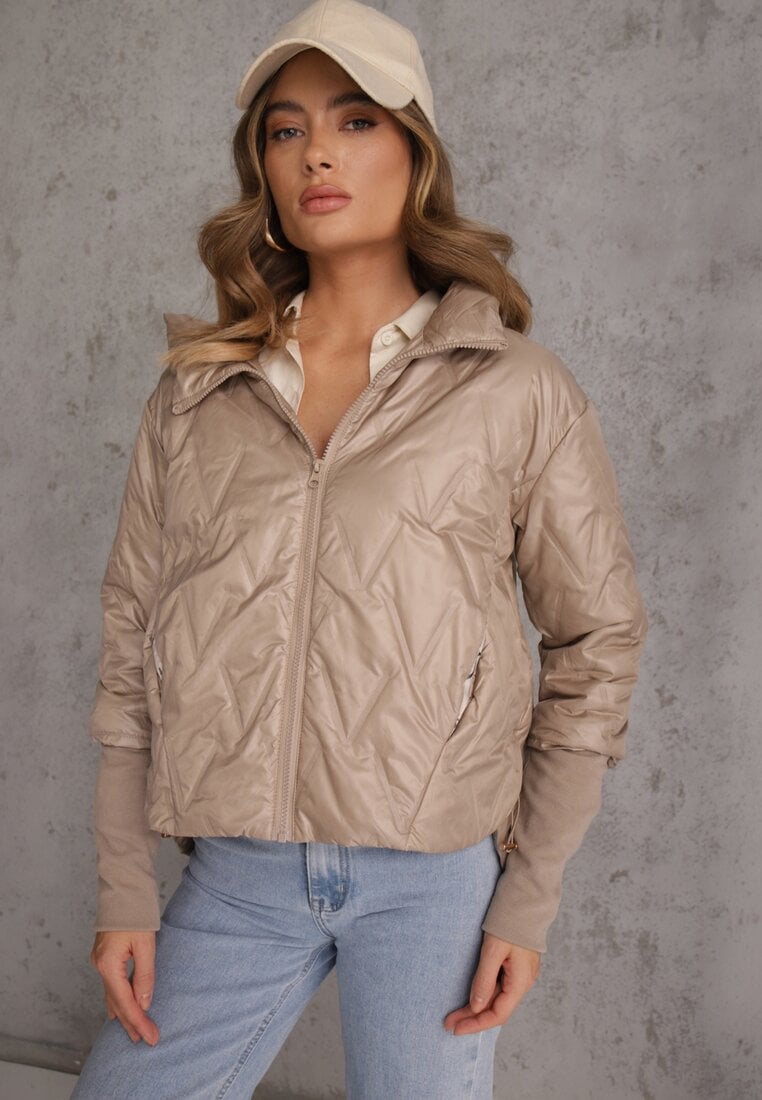 Brązowa Pikowana Kurtka z Kapturem z Materiałem na Rękawach Grigoria