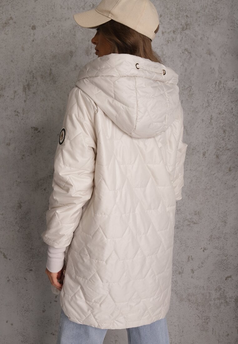 Jasnoszara Przejściowa Kurtka z Kapturem Pikowanymi Przeszyciami i Suwakami Kave