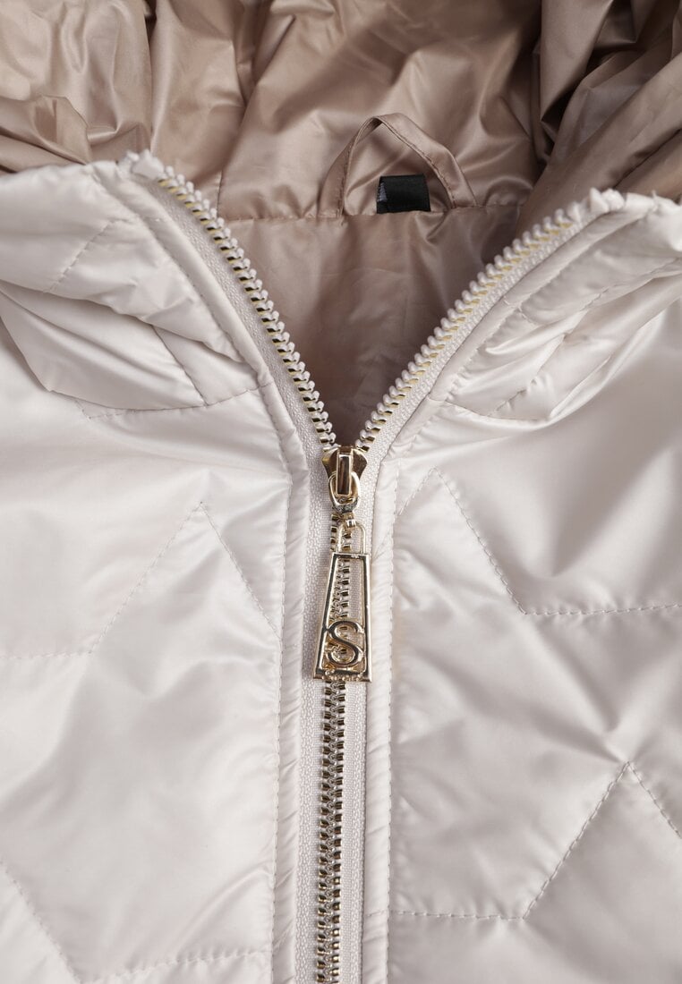Jasnoszara Przejściowa Kurtka z Kapturem Pikowanymi Przeszyciami i Suwakami Kave