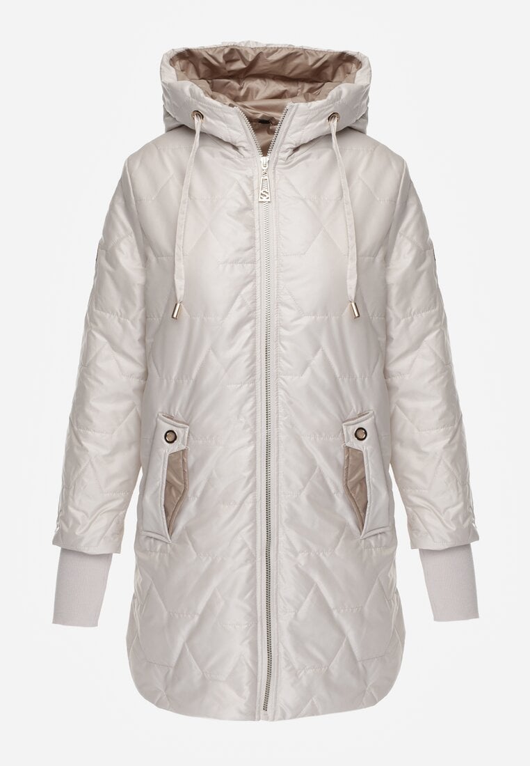 Jasnoszara Przejściowa Kurtka z Kapturem Pikowanymi Przeszyciami i Suwakami Kave