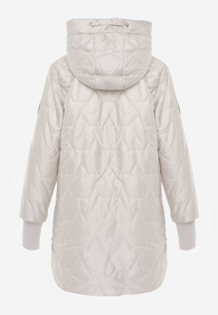 Jasnoszara Przejściowa Kurtka z Kapturem Pikowanymi Przeszyciami i Suwakami Kave