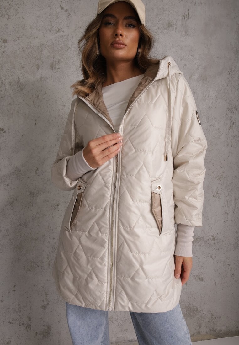 Jasnoszara Przejściowa Kurtka z Kapturem Pikowanymi Przeszyciami i Suwakami Kave