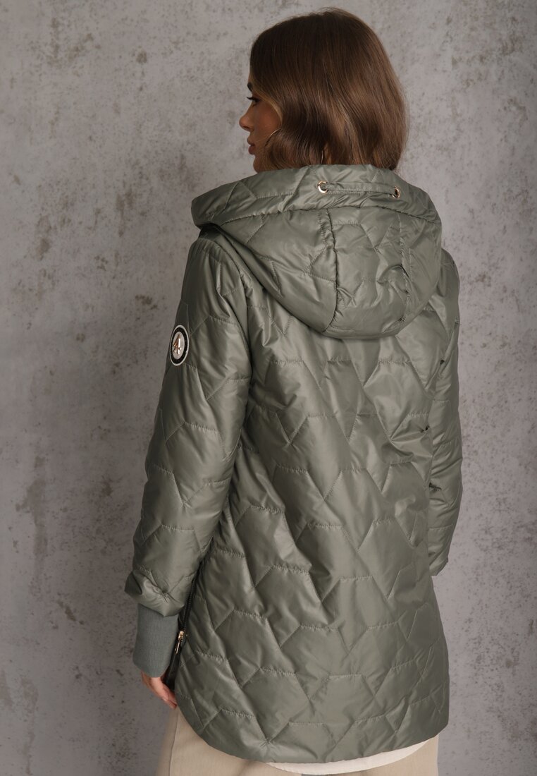 Zielona Przejściowa Kurtka z Kapturem Pikowanymi Przeszyciami i Suwakami Kave