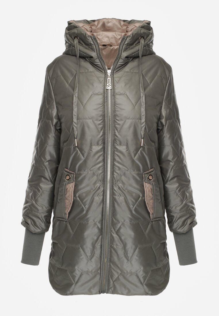Zielona Przejściowa Kurtka z Kapturem Pikowanymi Przeszyciami i Suwakami Kave