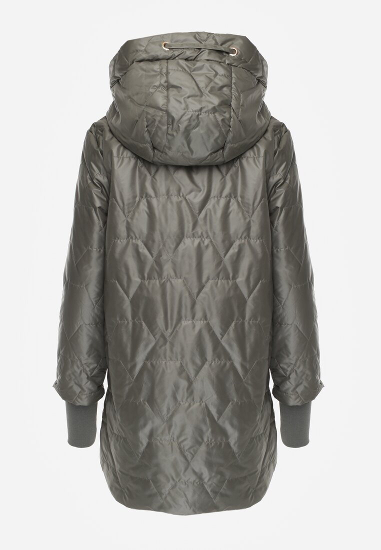 Zielona Przejściowa Kurtka z Kapturem Pikowanymi Przeszyciami i Suwakami Kave