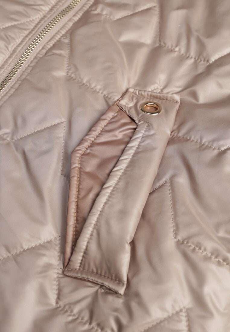 Brązowa Przejściowa Kurtka z Kapturem Pikowanymi Przeszyciami i Suwakami Kave