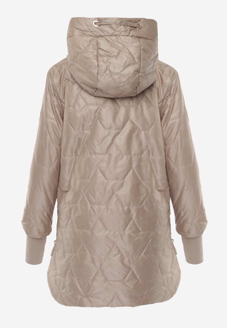 Brązowa Przejściowa Kurtka z Kapturem Pikowanymi Przeszyciami i Suwakami Kave