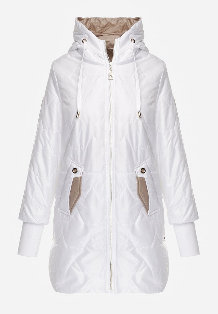 Biała Przejściowa Kurtka z Kapturem Pikowanymi Przeszyciami i Suwakami Kave