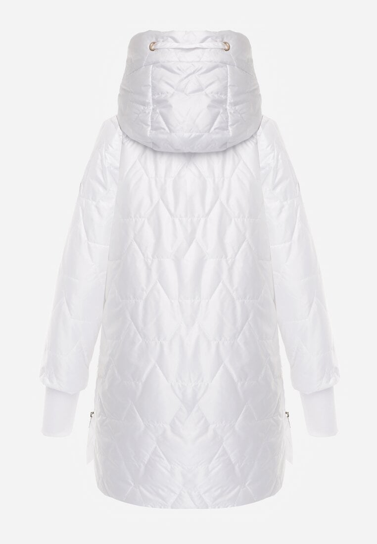 Biała Przejściowa Kurtka z Kapturem Pikowanymi Przeszyciami i Suwakami Kave