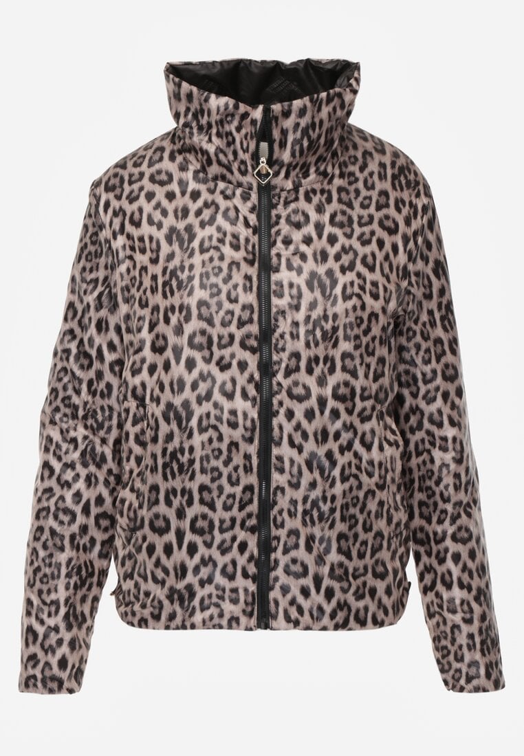 Czarna Pikowana Kurtka Dwustronna z Motywem Panterki i Naszywką Damike