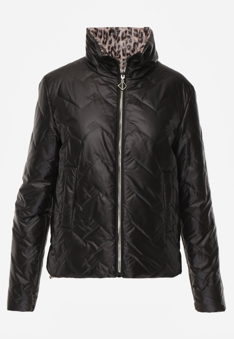 Czarna Pikowana Kurtka Dwustronna z Motywem Panterki i Naszywką Damike